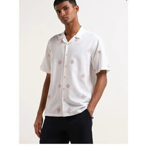 ETA E.T.A. Mens Resort Button Down Size Large Beige with Embroider 100% Cotton